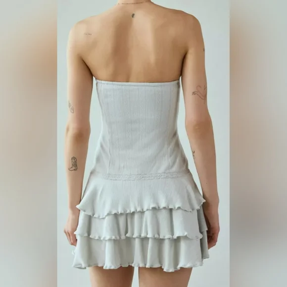 UO Mira Perfect Pointelle Drop Waist Strapless Romper Light Blue - Picture 2 of 4